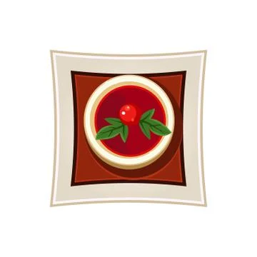 Borscht with a Cherry Tomato and Basil Leaves Served Food. Vector Illustration Stock Illustration