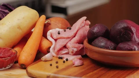 Borscht Ingredients, beetroot soup, Raw fresh vegetables: carrot, cabbage Stock Footage 265601397