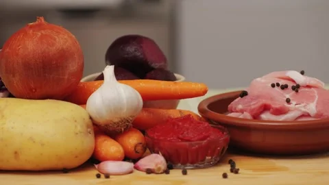 Borscht Ingredients, beetroot soup, Raw fresh vegetables: carrot, cabbage Stock Footage 273587442