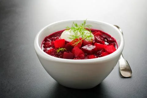 Borscht or beetroot soup on a dark background Stock Photos