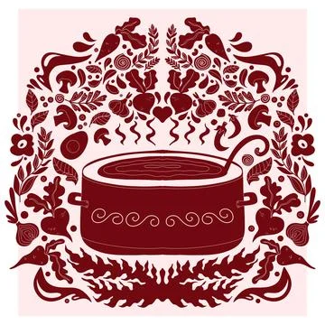 Borscht pot. Folk-style pattern, symmetrical, detailed vector element. Rustic Stockillustratie