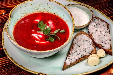 Borscht with Topping, Side View Fotos Stock