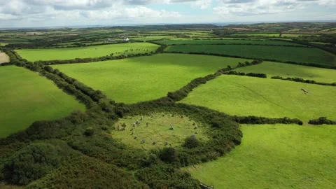 Boscawen-Un Stone Circle, Cornwall, UK, 4K Descending Aerial Clip Stock Footage 156809261