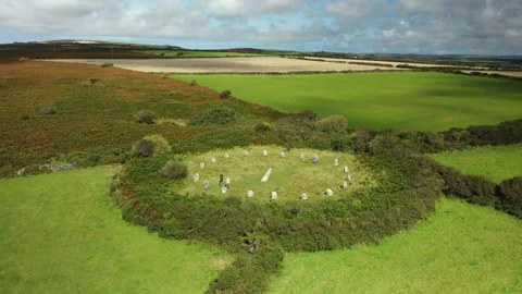 Boscawen-Un Stone Circle, Cornwall, UK, 4K Drone Circling Clip Video stock 156813883
