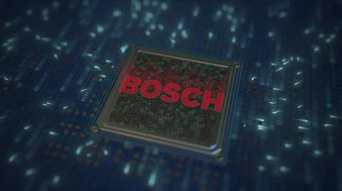 BOSCH logo on the chip on computer board. Conceptual editorial 3d rendering Stock Illustration
