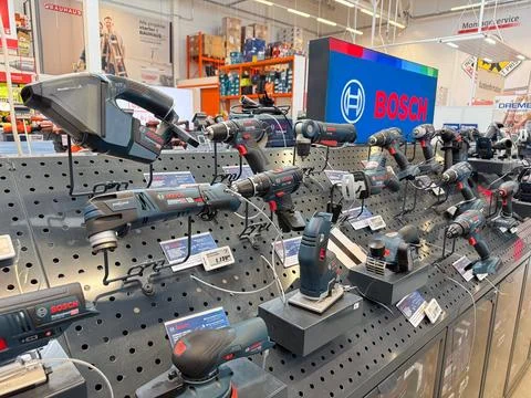 Bosch power tools displayed in hardware store. Stock Photos
