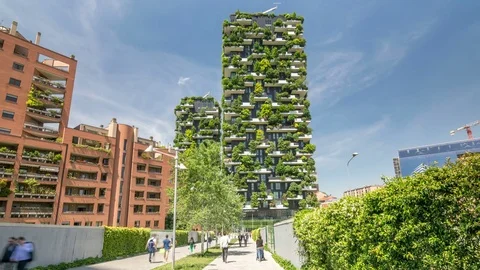 Bosco Verticale (Vertical Forest), a pair of residential towers in Milan. Stock Footage 78666386