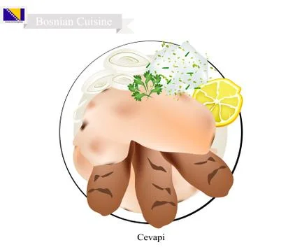 Bosnian Cuisine, Illustration of Cevapi or Traditional Charcoal Grilled Mince Illustrazione stock