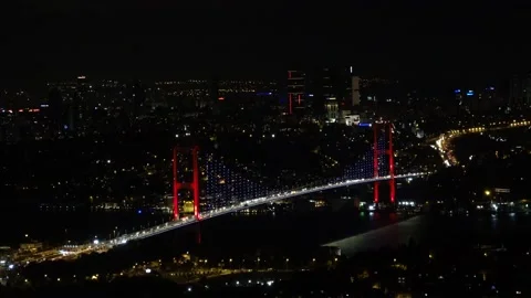 The Bosphorus and Bosphorus Bridge was recorded from Camlica Hill night Stock Footage 137864092