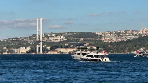 Bosphorus Bridge and Commuter Ferries in Istanbul, Turkey Stock-Footage 337784384