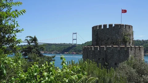 Bosphorus bridge and Rumeli tower Stock Footage 90616019