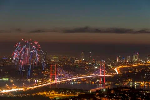 Bosphorus Bridge fireworks Stock Photos