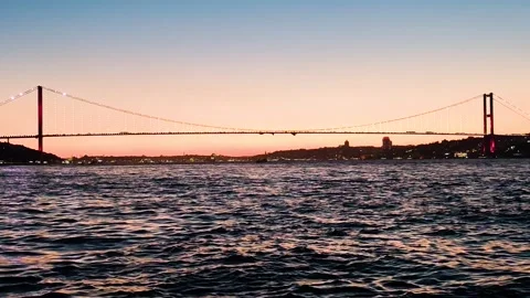 Bosphorus Bridge Sunset View with City Skyline and Sea Waves in Istanbul Turkey Stock Footage 326835133
