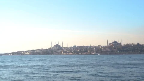 Bosphorus channel and mosques on the border in a beautiful day Stock Footage 98523980