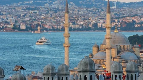 Bosphorus scene with mosques and the maiden tower Stock Footage 102431187