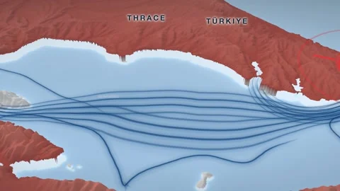 Bosphorus Strait naval blockade map on a pale 3D terrain relief Stock Footage 344269598
