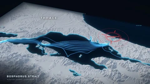 Bosphorus Strait white 3D terrain relief map on a black sea with glowing cyan Stock Footage 344008817