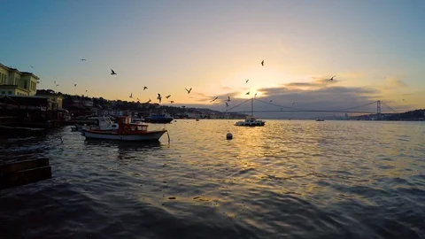Bosphorus sun down with bridge and boat Stock Footage 102440422