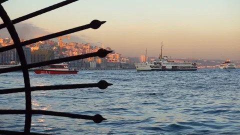 Bosphorus vessels behind iron Stock Footage 102437844