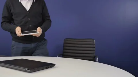 Boss come in the office and open the laptop Stock Footage