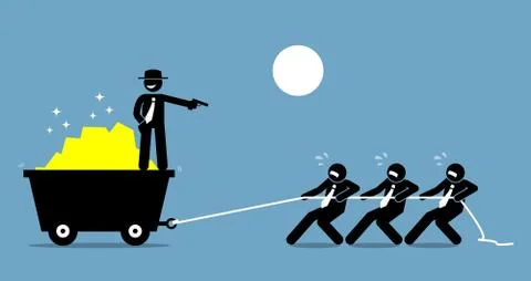 Boss forcing employees and workers to work hard by threatening them with a gun. Illustrazione stock