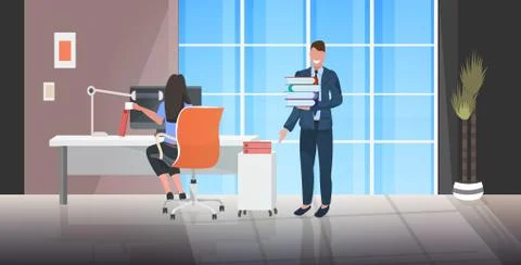 Boss giving documents stack to overworked female worker deadline paperwork co Stock Illustration