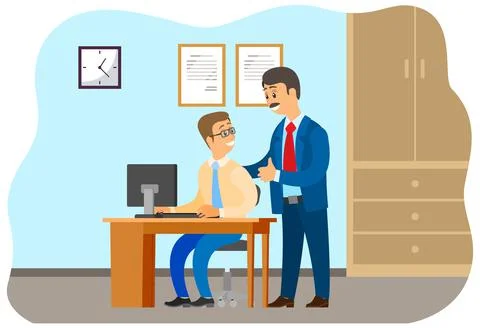 Boss instructing subordinate at workplace with computer. Male office workers Stock Illustration