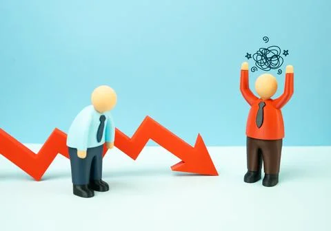 A boss lashes out at a subordinate for falling sales. Revenue declines and bu Stock Photos