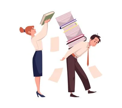 Boss loads the employee with difficult tasks and hard work, flat vector. イラスト素材