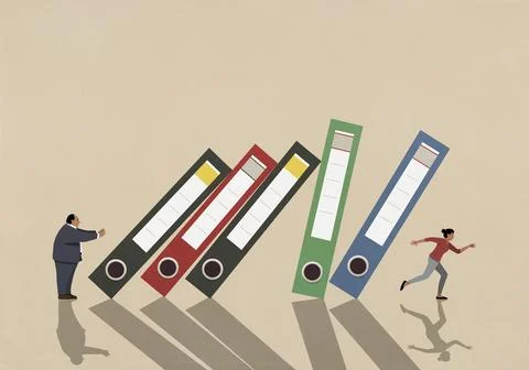 Boss pushing large binders falling over running businesswoman Ilustração Stock