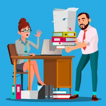 Boss Puts A Stack Of Documents To Stressfull Employee With Full Table Of Stock Illustration