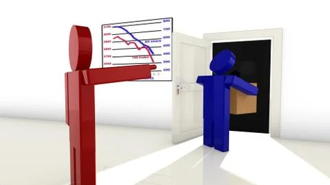 Boss in red fires a worker and shows him the door Illustrazione stock
