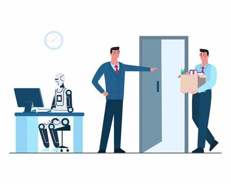 Boss Replacing Employees on Artificial intelligence Robot dismissal from job イラスト素材
