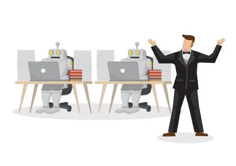 Boss replacing human workers with robots for productivity. Depicts the positi Stock Illustration