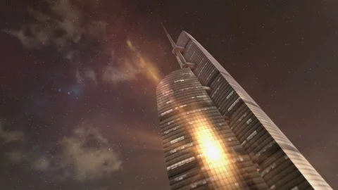 A boss in a skyscraper looking at the night city. Animation of skyscrapers Stock Footage 119639988