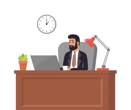 Boss in suit working on laptop. Man in office. Table, chair, potted plant, cl Stock Illustration