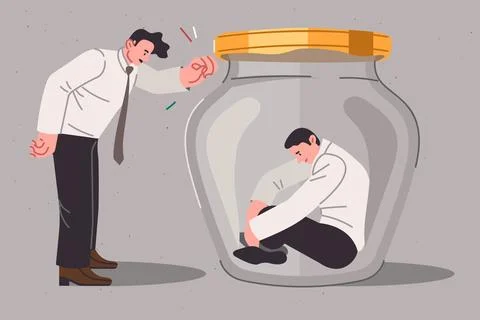 Boss is trying help and support upset man sitting in jar due to alienation from Stock Illustration