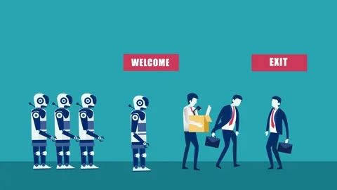 Boss welcoming robots to replace human workers Stock Footage 137574720