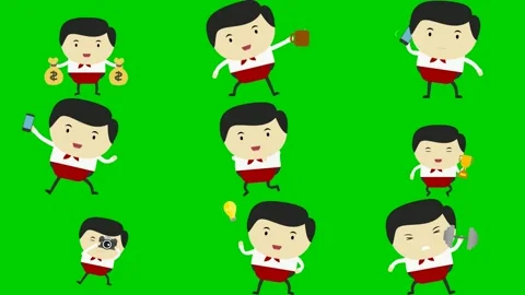 Boss worker on green screen featuring man flashlight box point money umbrella Stock Footage 334704274