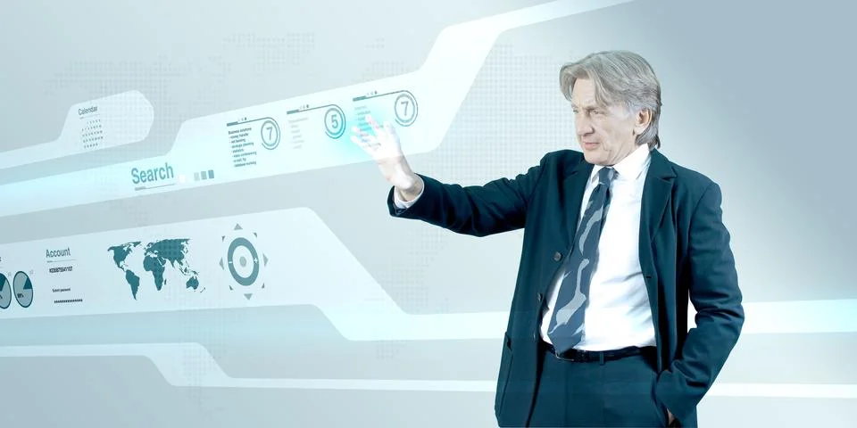 Bossy businessman navigating interface in the future. イラスト素材