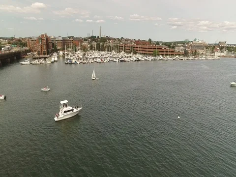 Boston Aerial North End Boardwalk with Zakim Bridge View Stock Footage 76338341