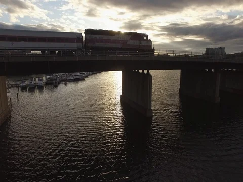 Boston Aerial Train River Stock Footage 76339387