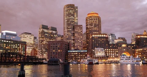 Boston city skyline at night Massachusetts USA Video stock 103406653