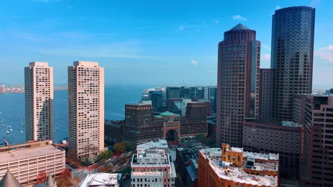 Boston downtown financial at the backdrop of blue waterscape. Stock Footage 308403024