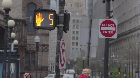 Boston Downtown Pedestrian Light Countdown and Street Traffic 01 MP4 Video stock 70009291