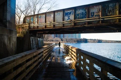 Boston Landscape of a Jogger on a Bridge Stock Photos