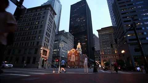 Boston, MA Old State House lit by Sunset after a Rain; Boston Massacre site Stock Footage