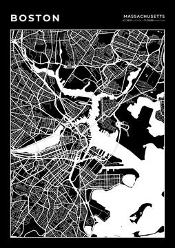 Boston Map Wall Art Frame, Cartography Map Print, City Layout Map Stock Illustration