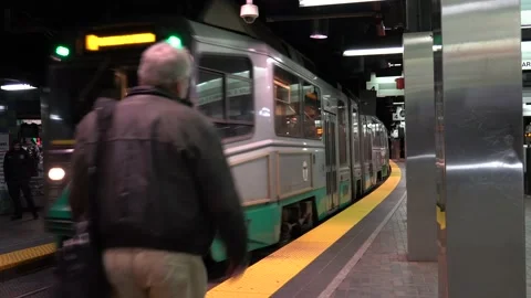 Boston, Massachusetts - 20181024 - Subway Train Arrives and People Leave. Stock Footage 140099697
