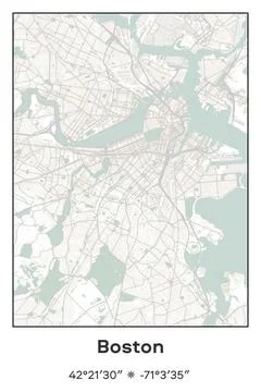 Boston, Massachusetts - vector map of city in Pastel, Gray, White, Green colors Stock Illustration